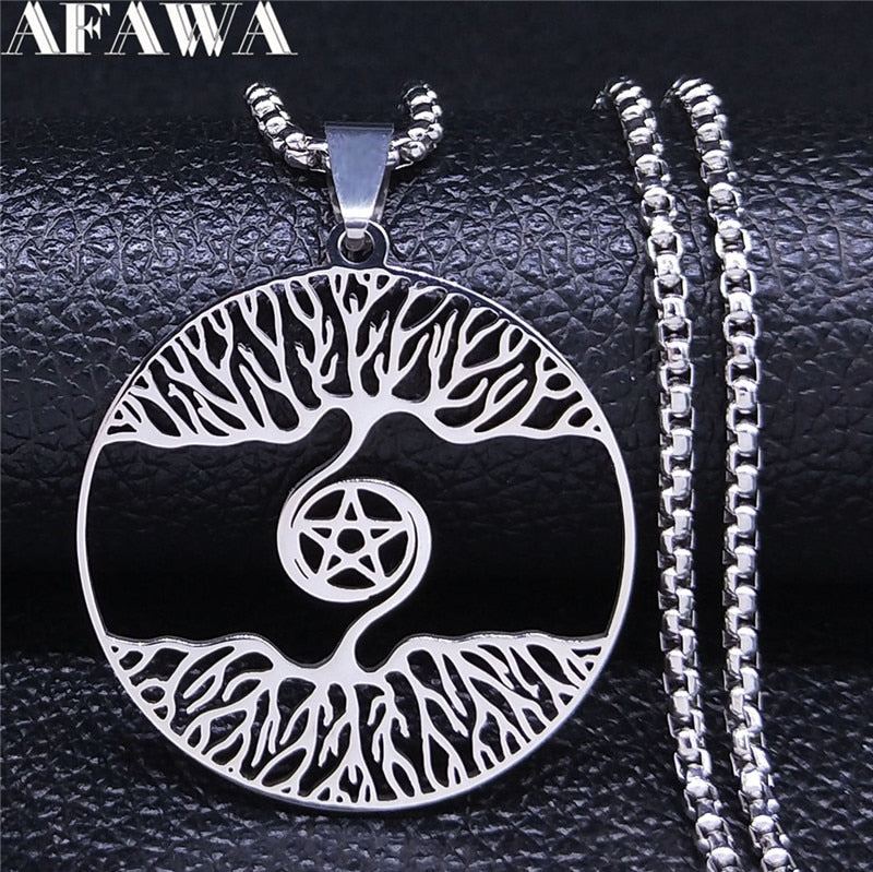 Spiral Tree Pentagram Stainless Steel Chain Necklace