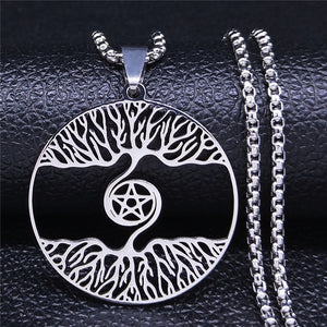 Spiral Tree Pentagram Stainless Steel Chain Necklace