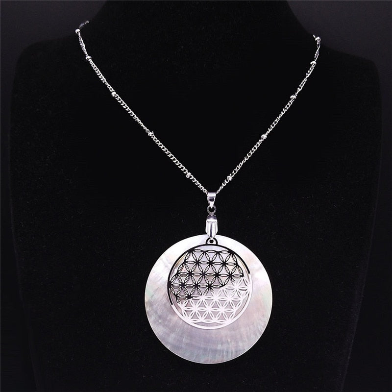 Flower of Life Stainless Steel Shell Charm Necklace