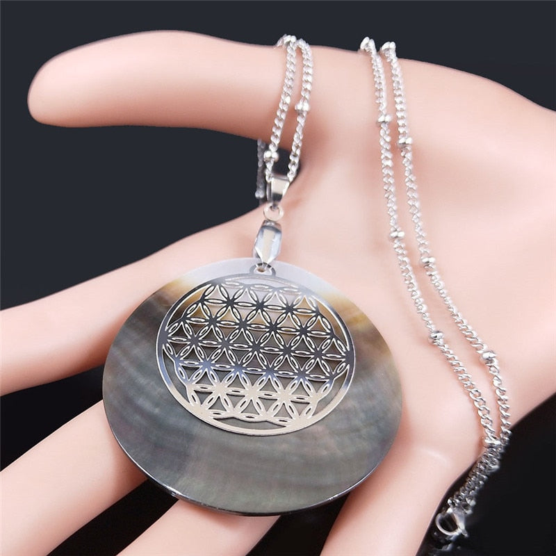 Flower of Life Stainless Steel Shell Charm Necklace