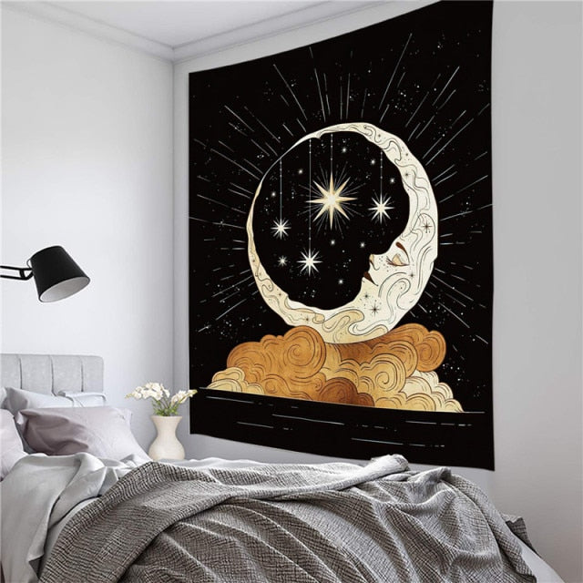 Psychedelic Moon Starry Tapestry Girl Wall Hanging Room Sky Carpet Dorm Tapestries Art Home Decoration Accessories 95 x 73cm