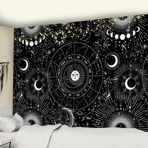 Sun Moon Mandala Starry Sky Tapestry White Black  Wall Hanging Bohemian Gypsy Psychedelic Tapiz Witchcraft Astrology Tapestry