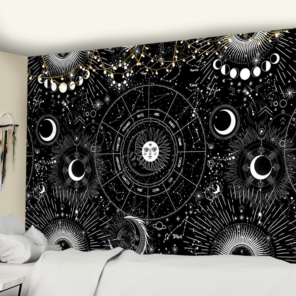 Sun Moon Mandala Starry Sky Tapestry White Black  Wall Hanging Bohemian Gypsy Psychedelic Tapiz Witchcraft Astrology Tapestry