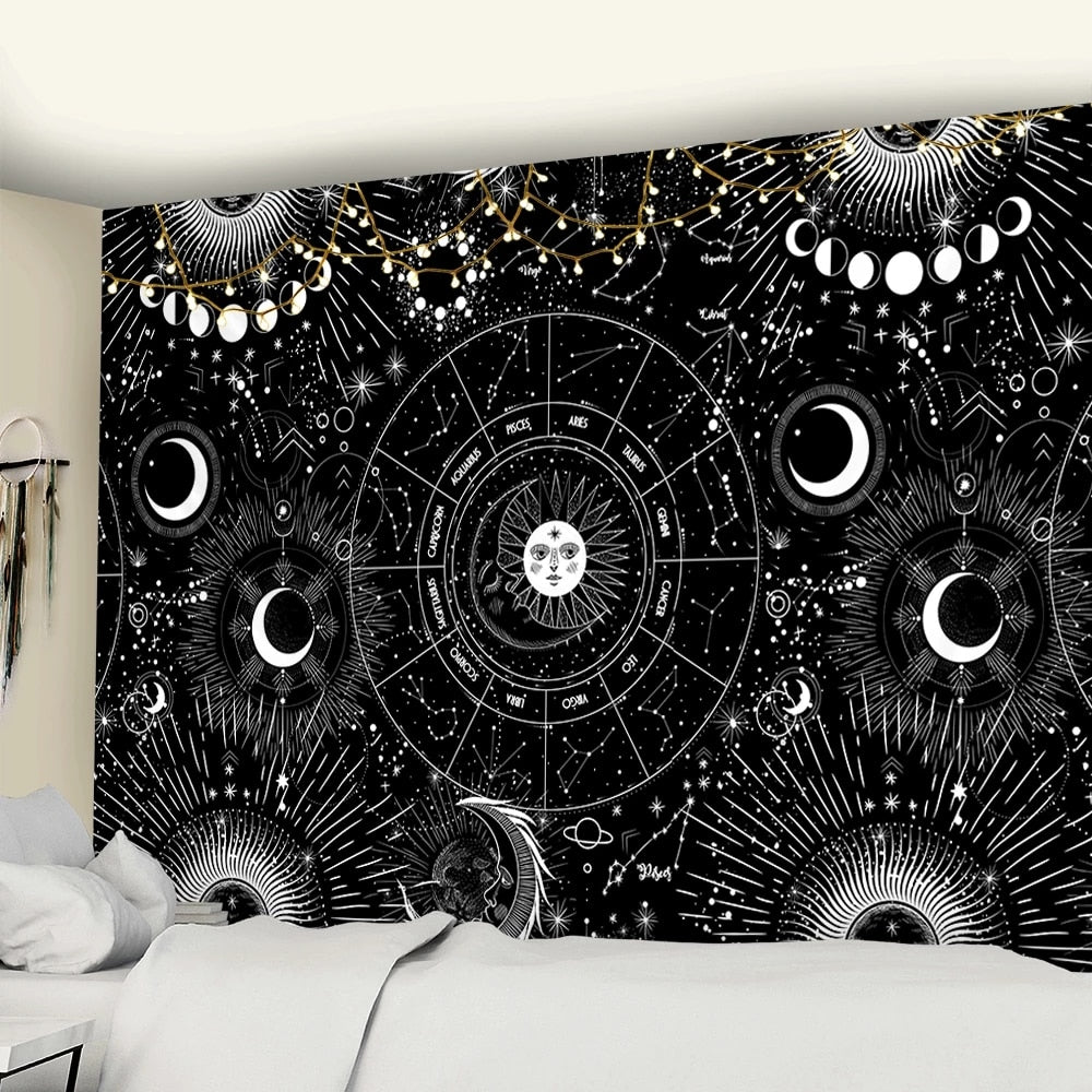 Sun Moon Mandala Starry Sky Tapestry White Black  Wall Hanging Bohemian Gypsy Psychedelic Tapiz Witchcraft Astrology Tapestry