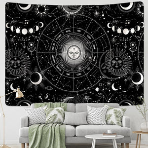 Sun Moon Mandala Starry Sky Tapestry White Black  Wall Hanging Bohemian Gypsy Psychedelic Tapiz Witchcraft Astrology Tapestry