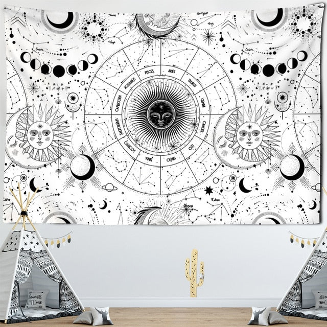 Sun Moon Mandala Starry Sky Tapestry White Black  Wall Hanging Bohemian Gypsy Psychedelic Tapiz Witchcraft Astrology Tapestry