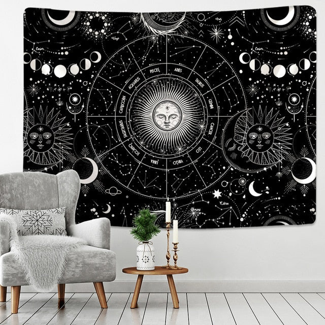 Sun Moon Mandala Starry Sky Tapestry White Black  Wall Hanging Bohemian Gypsy Psychedelic Tapiz Witchcraft Astrology Tapestry