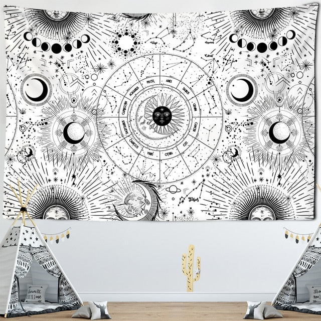 Sun Moon Mandala Starry Sky Tapestry White Black  Wall Hanging Bohemian Gypsy Psychedelic Tapiz Witchcraft Astrology Tapestry