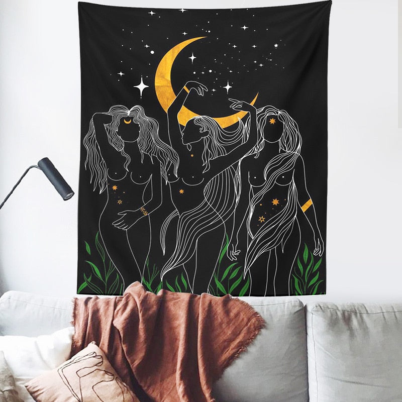 Moon woman Tapestry Wall Hanging Psychedelic Art Tapestries Simple Line Wall Cloth Psychedelic Women Yoga Carpet Boho Decor