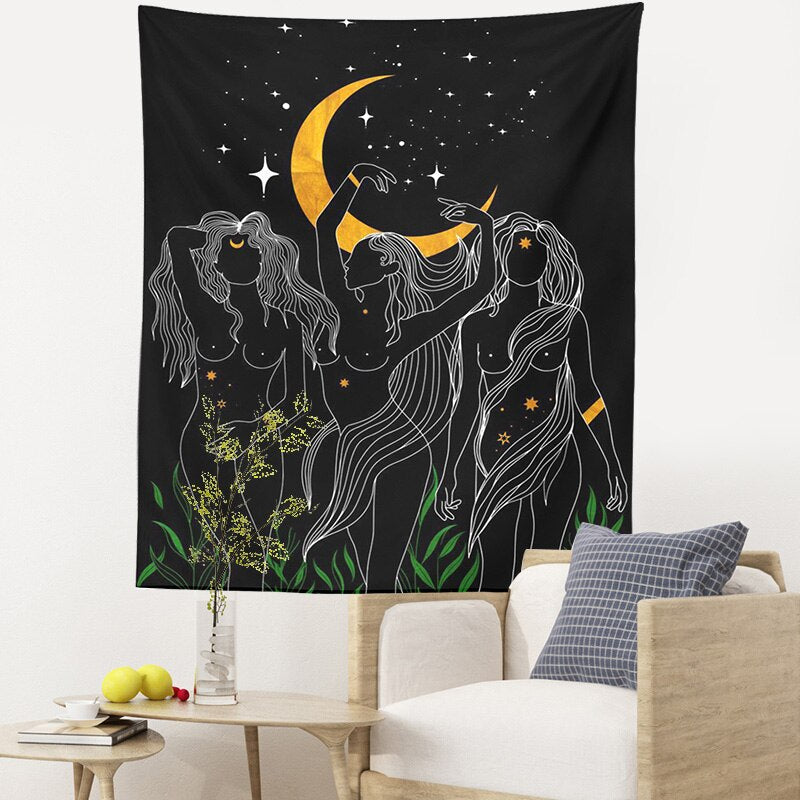 Moon woman Tapestry Wall Hanging Psychedelic Art Tapestries Simple Line Wall Cloth Psychedelic Women Yoga Carpet Boho Decor