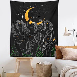 Moon woman Tapestry Wall Hanging Psychedelic Art Tapestries Simple Line Wall Cloth Psychedelic Women Yoga Carpet Boho Decor