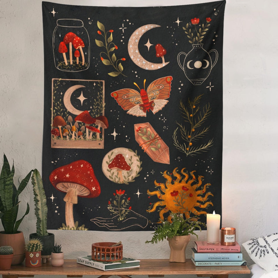 Botanical Cactus Mushroom Tapestry