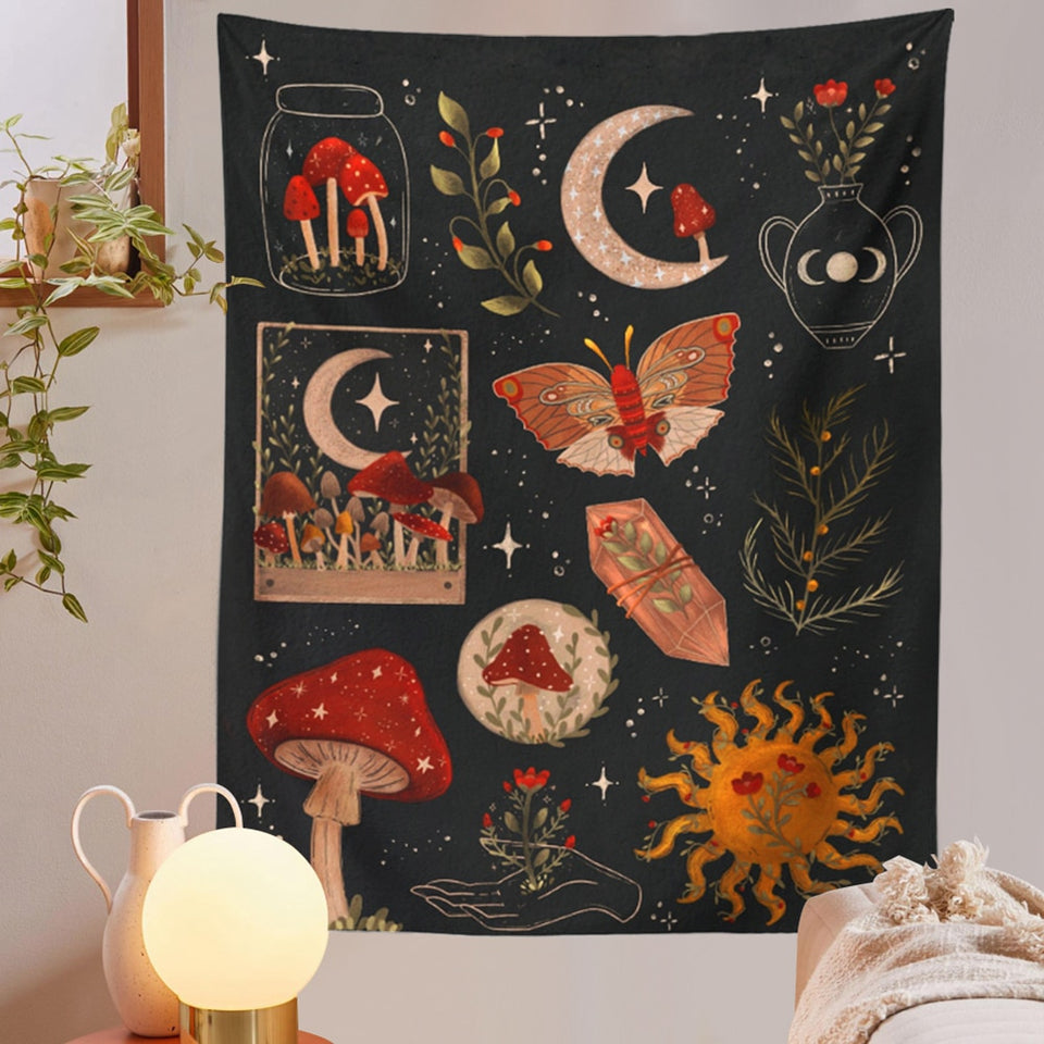 Botanical Cactus Mushroom Tapestry