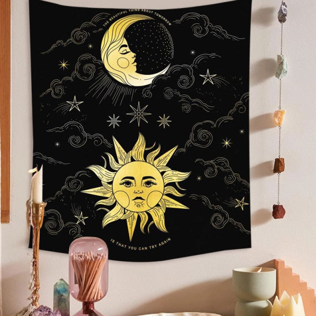 Psychedelic Moon Starry Tapestry Girl Wall Hanging Room Sky Carpet Dorm Tapestries Art Home Decoration Accessories 95 x 73cm