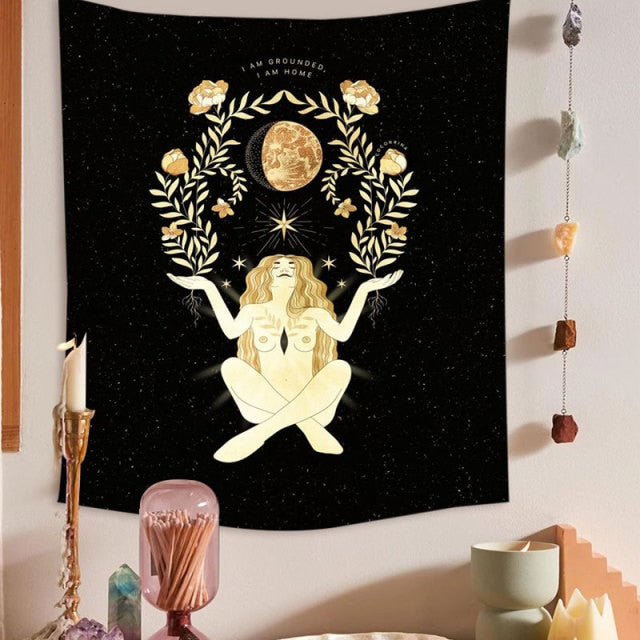 Psychedelic Moon Starry Tapestry Girl Wall Hanging Room Sky Carpet Dorm Tapestries Art Home Decoration Accessories 95 x 73cm