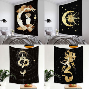 Psychedelic Moon Starry Tapestry Girl Wall Hanging Room Sky Carpet Dorm Tapestries Art Home Decoration Accessories 95 x 73cm