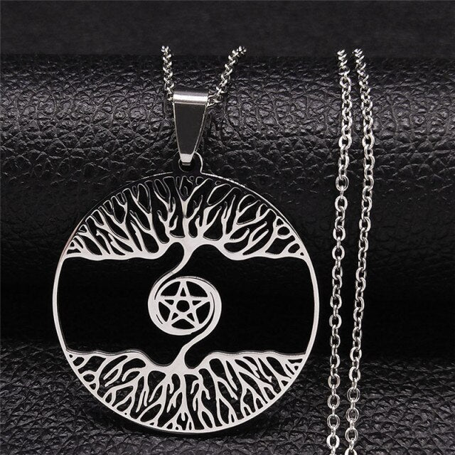 Spiral Tree Pentagram Stainless Steel Chain Necklace