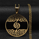 Spiral Tree Pentagram Stainless Steel Chain Necklace