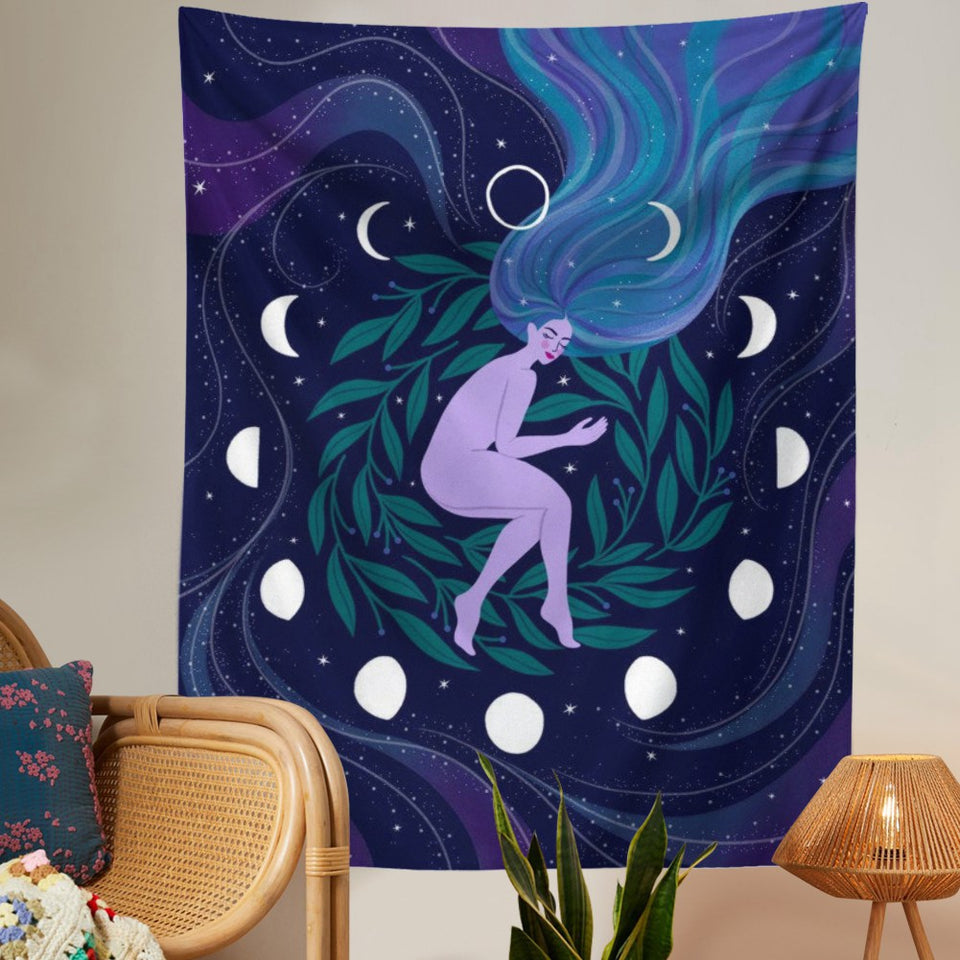 Moon Phase Girl Tapestry Wall Hanging Boho Wall Tapestries Bedroom Girl's room Dorm Decoration