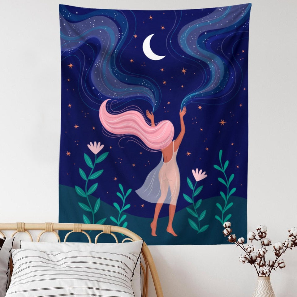 Moon Phase Girl Tapestry Wall Hanging Boho Wall Tapestries Bedroom Girl's room Dorm Decoration