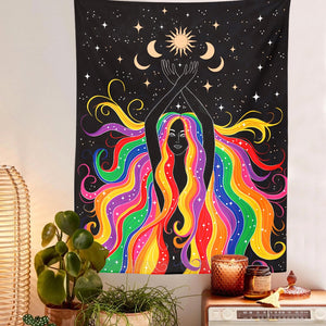 Rainbow Girl Wall Tapestry Moon Starry Tapestry Wall Hanging Bedroom Dorm Home Decor Blanket