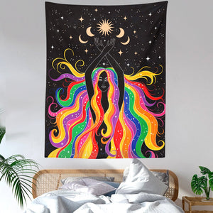 Rainbow Girl Wall Tapestry Moon Starry Tapestry Wall Hanging Bedroom Dorm Home Decor Blanket