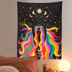 Rainbow Girl Wall Tapestry Moon Starry Tapestry Wall Hanging Bedroom Dorm Home Decor Blanket