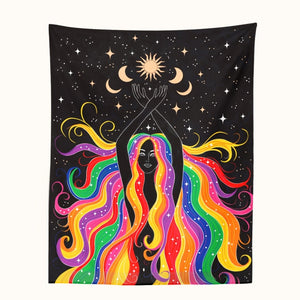 Rainbow Girl Wall Tapestry Moon Starry Tapestry Wall Hanging Bedroom Dorm Home Decor Blanket