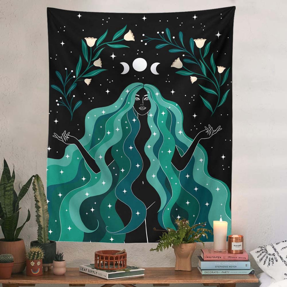 Indian Moon Phase Girl Tapestry Wall Hanging Boho Flower Decor Macrame Hippie Witchcraft Tapestry wall Mandala Decoration Cloth