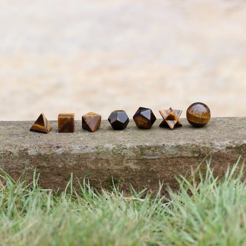 Sacred Geometry Symbols Engraved Gold Yellow Tiger Eye Stone Reiki Healing Set