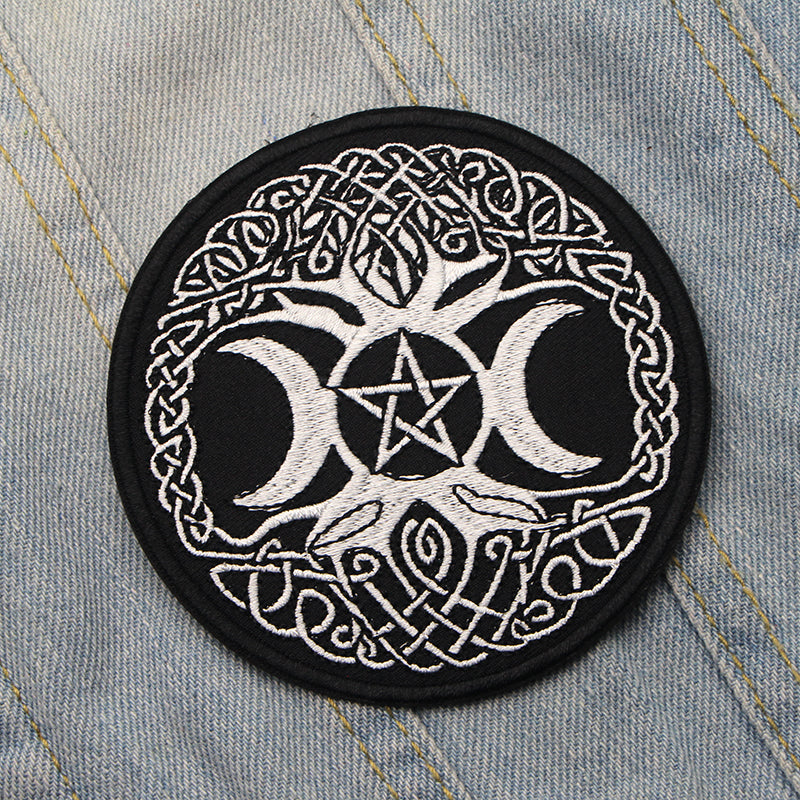 Triple Moon Goddess Pentagram Iron On / Sewing On Embroidered Patch